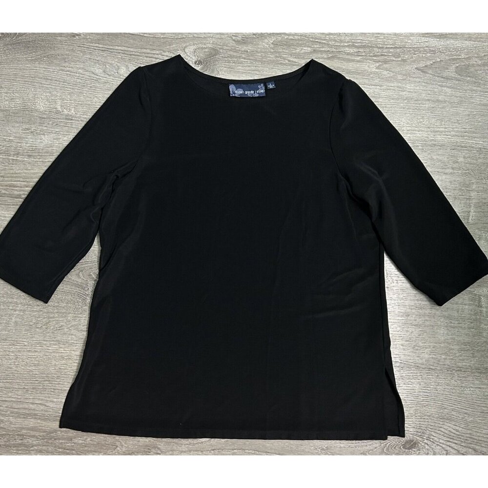 Susan Graver Style  Women’s L Top Black 3/4 Sleeves Liquid Knit Round Neck  B44